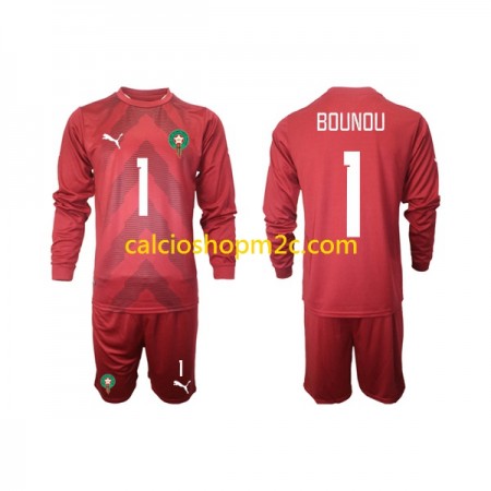 Marocco Yassine Bounou 1 Portiere Bambino Maglia Prima 2022 Manica Lunga (+ Pantaloncini)